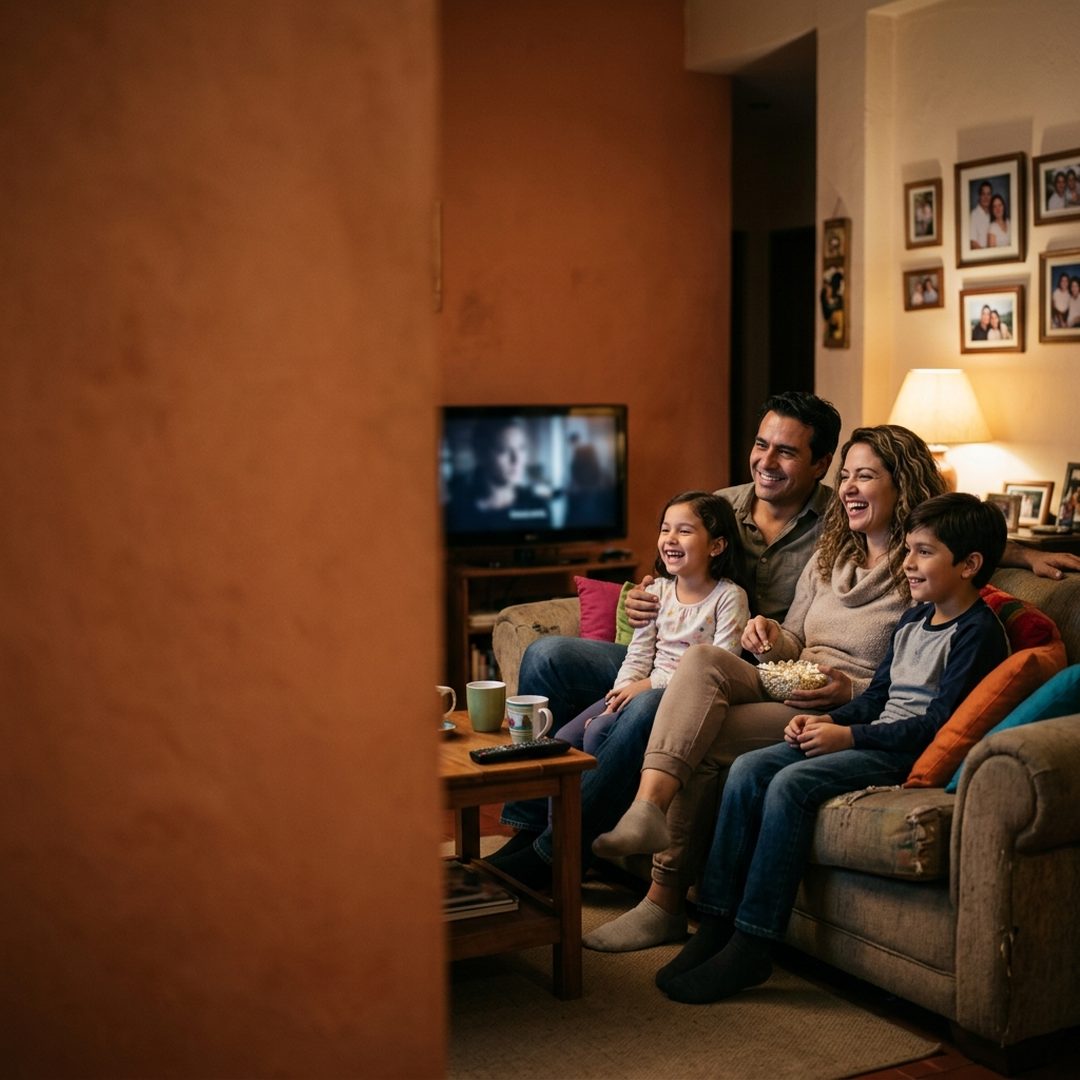Familia viendo una serie en la sala de su casa